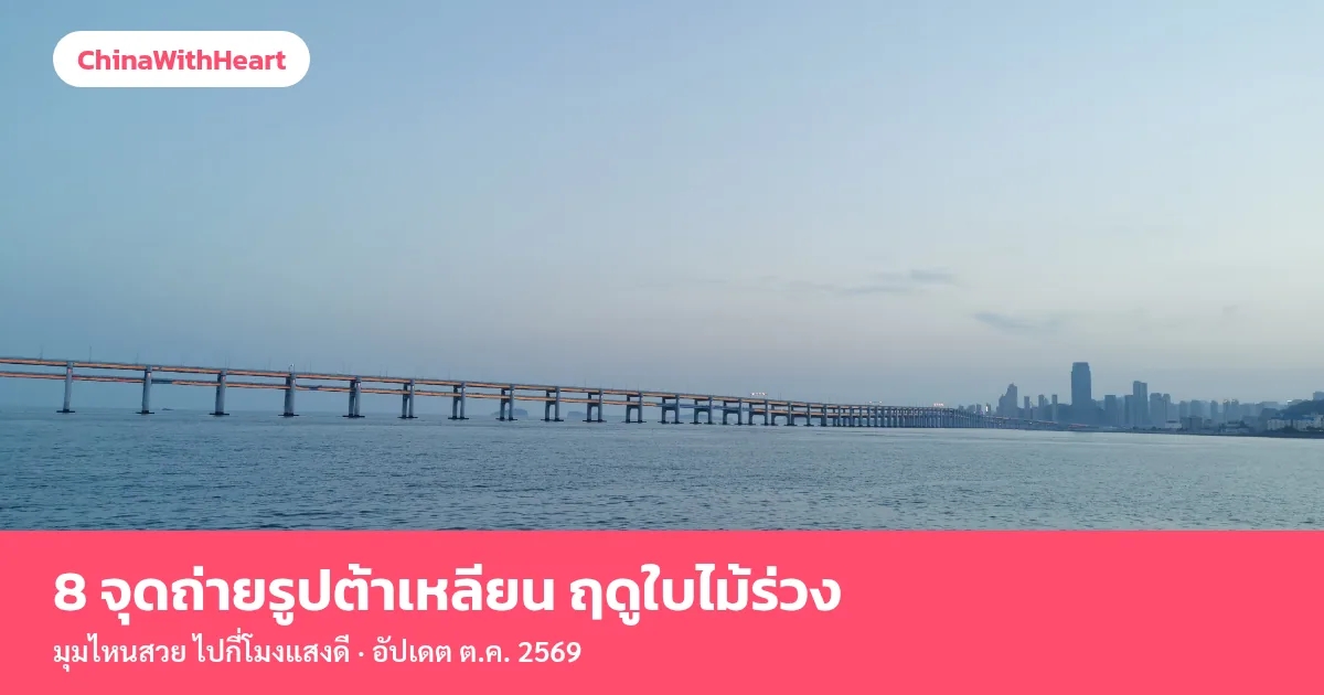 สะพานข้ามทะเลซิงไห่ ต้าเหลียน ทอดยาวเหนือทะเลยามเย็น พร้อมแถบชื่อบทความ 8 จุดถ่ายรูปต้าเหลียน ฤดูใบไม้ร่วง
